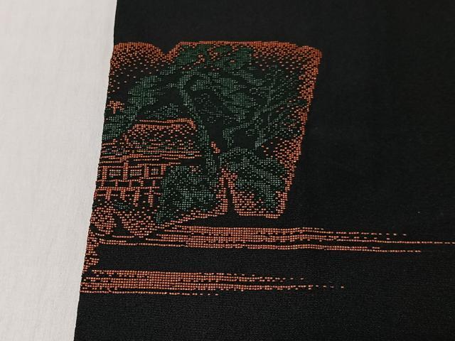 平和屋着物＃道行コート　寿光織　風景文　黒地　正絹　逸品　CABK0007ua