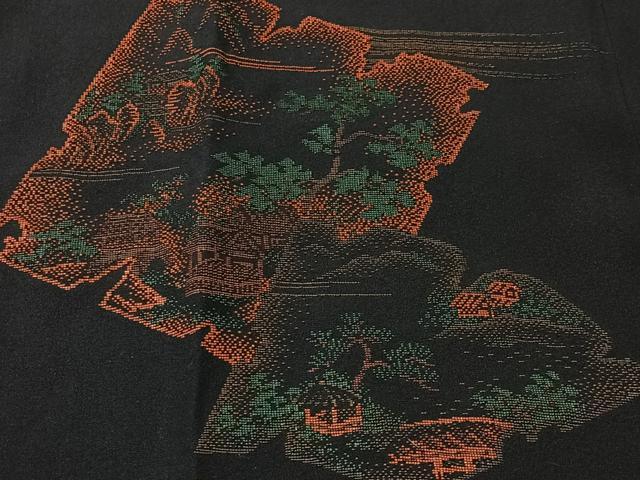 平和屋着物＃道行コート　寿光織　風景文　黒地　正絹　逸品　CABK0007ua