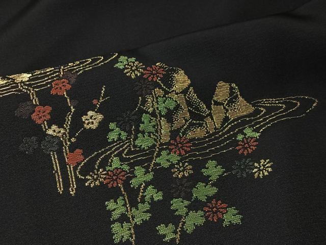 平和屋着物＃羽織　寿光織　風景文　黒地　金糸　正絹　逸品　CABK0008ua