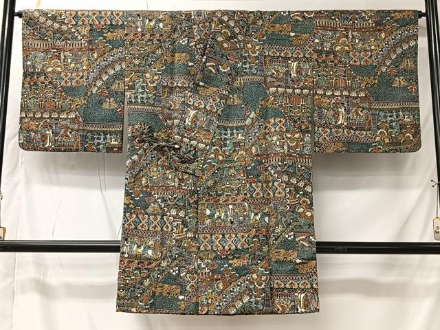 平和屋着物＃道中着　刺繍　壁画文様　ロング丈　正絹　逸品　CABK0022ua