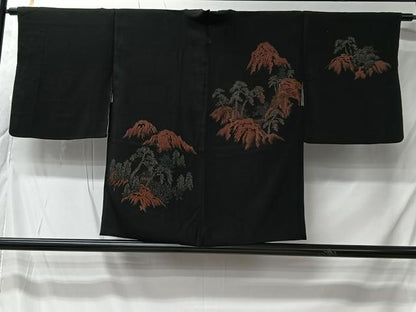 平和屋着物＃羽織　寿光織　遠山風景文　黒地　銀糸　正絹　逸品　CABK0031ua