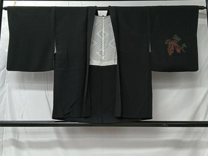 平和屋着物＃羽織　寿光織　遠山風景文　黒地　銀糸　正絹　逸品　CABK0031ua