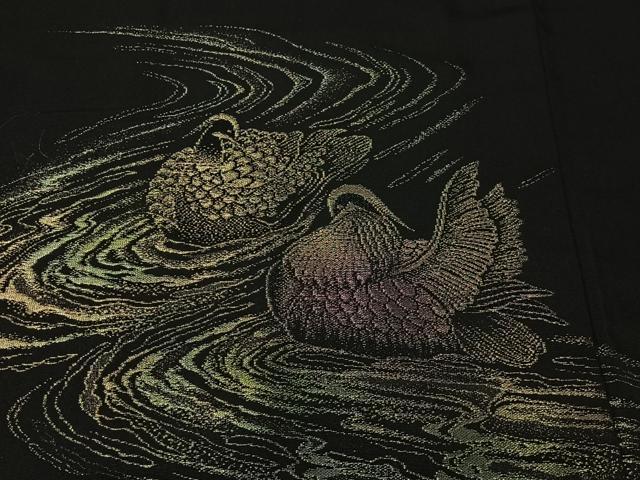 平和屋着物＃羽織　寿光織　流水鴛鴦文　黒地　金糸　正絹　逸品　CABK0033ua