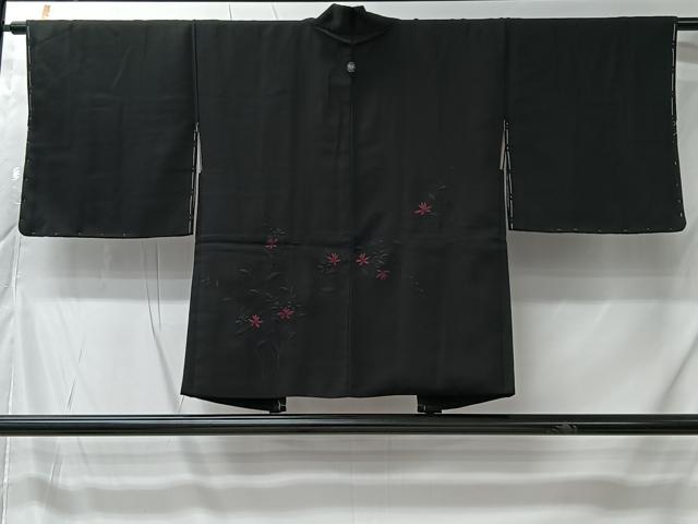 平和屋着物＃羽織　総刺繍　枝花文　黒地　反端付き　正絹　逸品　未使用　CABK0034ua