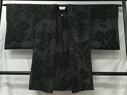 平和屋着物＃長羽織　単衣　寿光織　蔦の葉文　黒地　銀糸　正絹　逸品　CABK0036ua