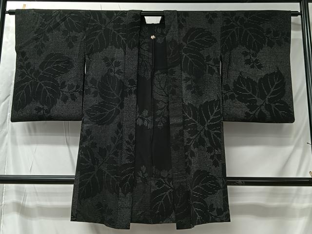 平和屋着物＃長羽織　単衣　寿光織　蔦の葉文　黒地　銀糸　正絹　逸品　CABK0036ua