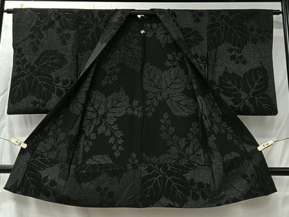 平和屋着物＃長羽織　単衣　寿光織　蔦の葉文　黒地　銀糸　正絹　逸品　CABK0036ua