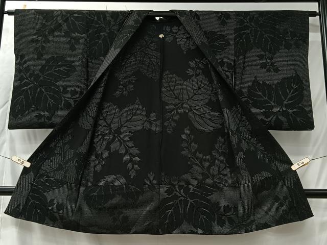 平和屋着物＃長羽織　単衣　寿光織　蔦の葉文　黒地　銀糸　正絹　逸品　CABK0036ua