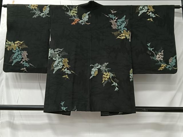 平和屋着物＃羽織　寿光織　枝葉文　黒地　金銀糸　正絹　逸品　CABK0038ua