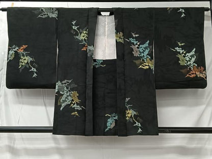 平和屋着物＃羽織　寿光織　枝葉文　黒地　金銀糸　正絹　逸品　CABK0038ua