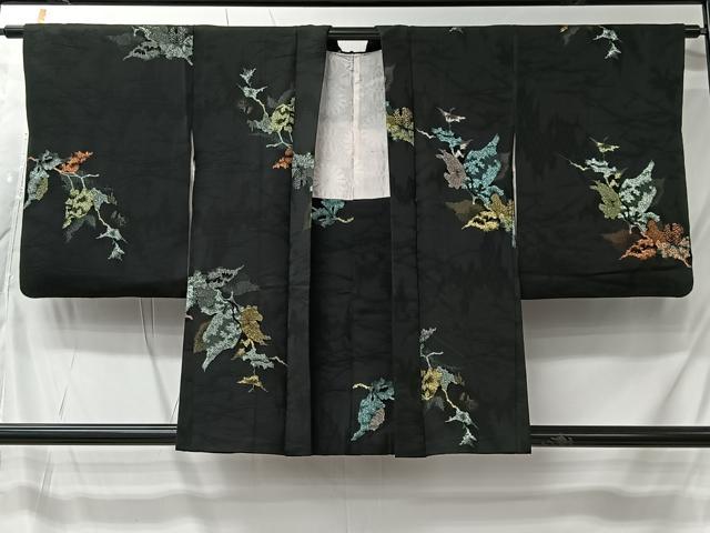 平和屋着物＃羽織　寿光織　枝葉文　黒地　金銀糸　正絹　逸品　CABK0038ua