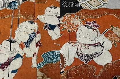 平和屋着物＃道行コート　作家物　扇面人物文　黒地　金彩　ロング丈　正絹　逸品　CABK0045ua