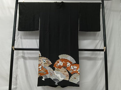 平和屋着物＃道行コート　作家物　扇面人物文　黒地　金彩　ロング丈　正絹　逸品　CABK0045ua