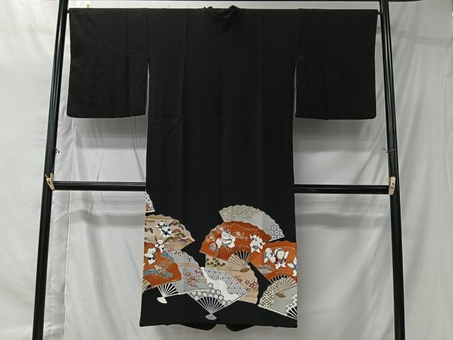 平和屋着物＃道行コート　作家物　扇面人物文　黒地　金彩　ロング丈　正絹　逸品　CABK0045ua