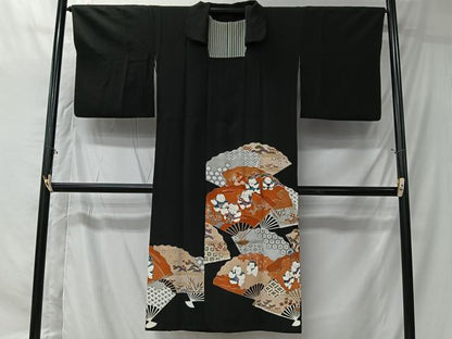 平和屋着物＃道行コート　作家物　扇面人物文　黒地　金彩　ロング丈　正絹　逸品　CABK0045ua