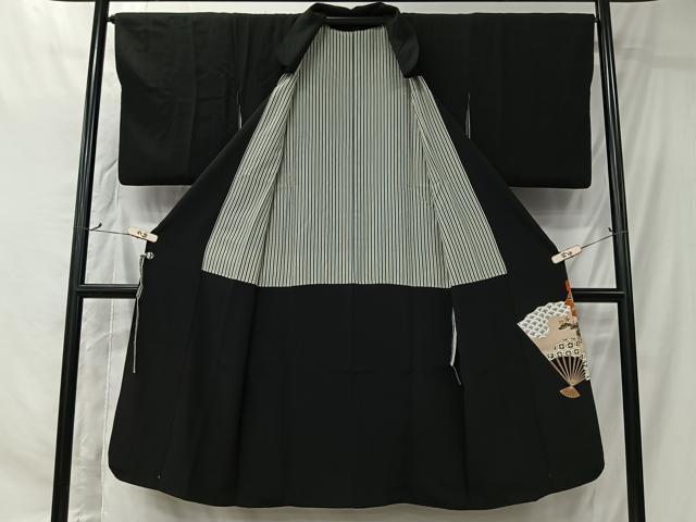 平和屋着物＃道行コート　作家物　扇面人物文　黒地　金彩　ロング丈　正絹　逸品　CABK0045ua