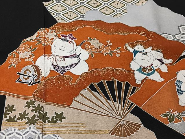 平和屋着物＃道行コート　作家物　扇面人物文　黒地　金彩　ロング丈　正絹　逸品　CABK0045ua