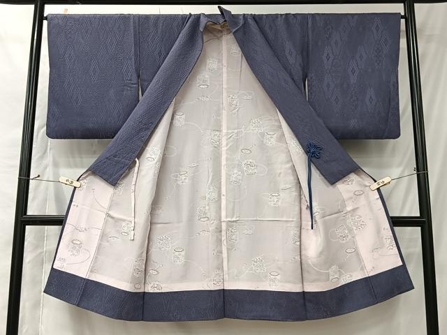 平和屋着物＃道中着　菱地紋　濃鼠色　ロング丈　正絹　逸品　CABK0052ua