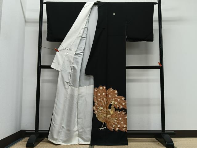 平和屋着物■豪華黒留袖　刺繍　孔雀文　金銀糸　正絹　逸品　CABK0077ua