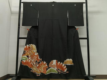 平和屋着物■豪華黒留袖　駒刺繍　扇面飛鶴花文　金彩　正絹　逸品　CABK0078ua