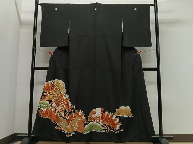 平和屋着物■豪華黒留袖　駒刺繍　扇面飛鶴花文　金彩　正絹　逸品　CABK0078ua