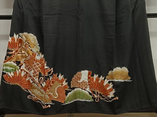 平和屋着物■豪華黒留袖　駒刺繍　扇面飛鶴花文　金彩　正絹　逸品　CABK0078ua
