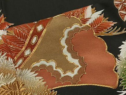 平和屋着物■豪華黒留袖　駒刺繍　扇面飛鶴花文　金彩　正絹　逸品　CABK0078ua