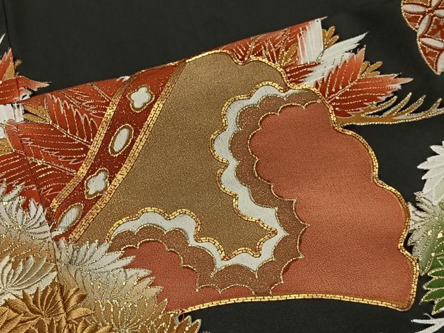 平和屋着物■豪華黒留袖　駒刺繍　扇面飛鶴花文　金彩　正絹　逸品　CABK0078ua