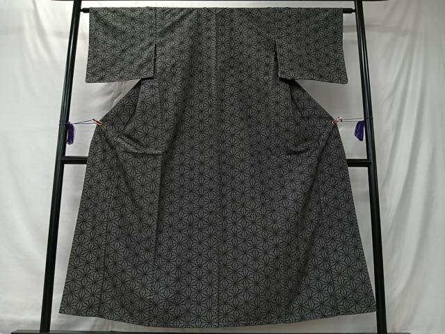 平和屋着物■上質な紬　麻の葉文様　黒地　正絹　逸品　未使用　CABK0116ua