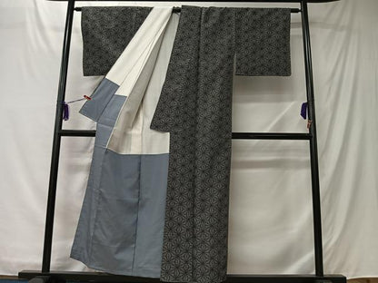 平和屋着物■上質な紬　麻の葉文様　黒地　正絹　逸品　未使用　CABK0116ua