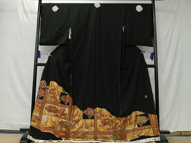 平和屋着物■豪華黒留袖　作家物　本漆箔　格子扇面草花文　金彩　上代　35万　仮絵羽　正絹　逸品　未使用　CABK0126ua