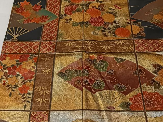 平和屋着物■豪華黒留袖　作家物　本漆箔　格子扇面草花文　金彩　上代　35万　仮絵羽　正絹　逸品　未使用　CABK0126ua