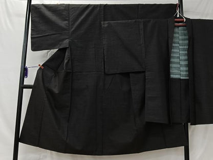 平和屋着物■男性　紬　アンサンブル　霞文　黒地　正絹　逸品　CABK0127ua