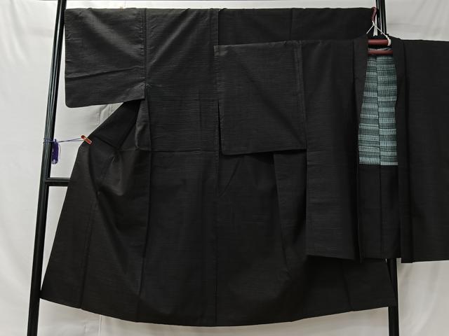 平和屋着物■男性　紬　アンサンブル　霞文　黒地　正絹　逸品　CABK0127ua