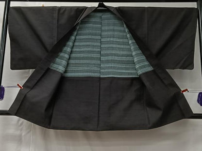 平和屋着物■男性　紬　アンサンブル　霞文　黒地　正絹　逸品　CABK0127ua