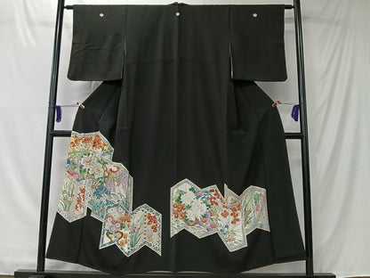 平和屋着物■豪華黒留袖　駒刺繍　屏風草花文　金彩　正絹　逸品　CABK0134ua