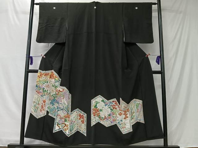 平和屋着物■豪華黒留袖　駒刺繍　屏風草花文　金彩　正絹　逸品　CABK0134ua