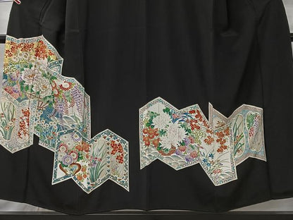 平和屋着物■豪華黒留袖　駒刺繍　屏風草花文　金彩　正絹　逸品　CABK0134ua