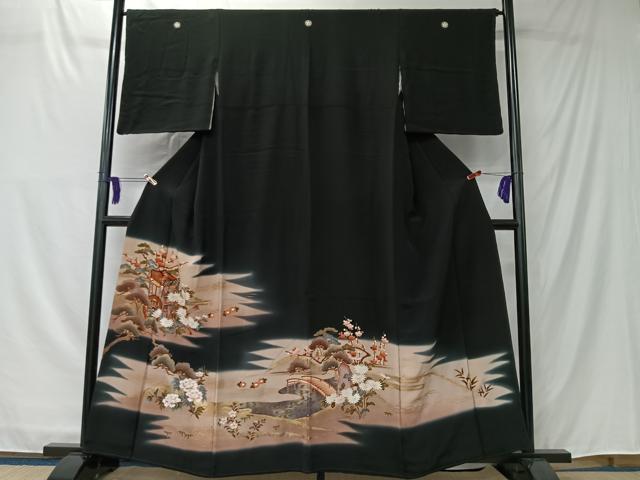 平和屋着物■豪華黒留袖　御所車草花文　金彩　正絹　逸品　CABK0135ua
