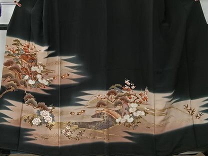 平和屋着物■豪華黒留袖　御所車草花文　金彩　正絹　逸品　CABK0135ua