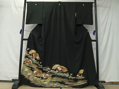 平和屋着物■豪華黒留袖　駒刺繍　地紙吉祥花文　金彩　正絹　逸品　CABK0155ua