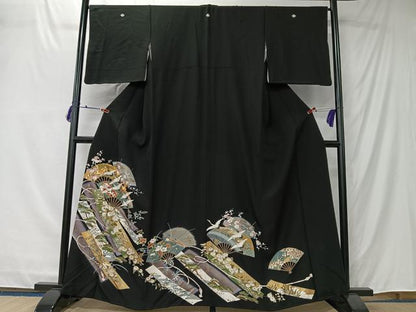 平和屋着物■豪華黒留袖　駒刺繍　飛鶴扇面花文　暈し染め　金彩　正絹　逸品　CABK0157ua