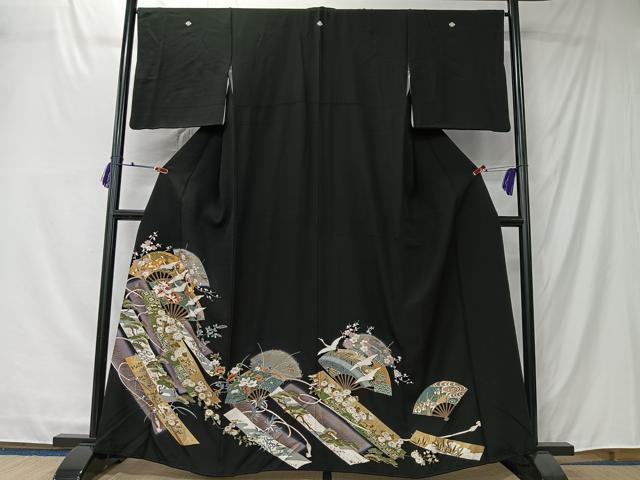 平和屋着物■豪華黒留袖　駒刺繍　飛鶴扇面花文　暈し染め　金彩　正絹　逸品　CABK0157ua
