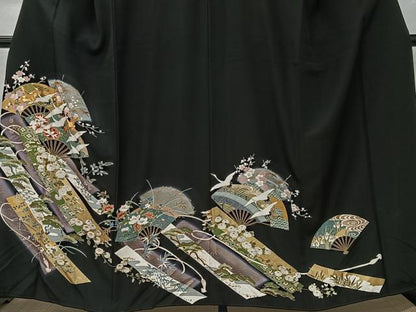 平和屋着物■豪華黒留袖　駒刺繍　飛鶴扇面花文　暈し染め　金彩　正絹　逸品　CABK0157ua