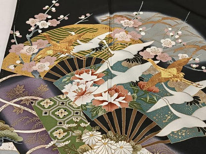 平和屋着物■豪華黒留袖　駒刺繍　飛鶴扇面花文　暈し染め　金彩　正絹　逸品　CABK0157ua