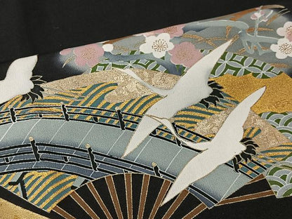 平和屋着物■豪華黒留袖　駒刺繍　飛鶴扇面花文　暈し染め　金彩　正絹　逸品　CABK0157ua