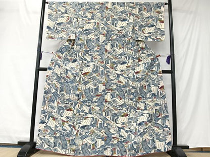 平和屋着物■上質な小紋　型染め　扇面御所車花文　正絹　逸品　未使用　CABK0166ua