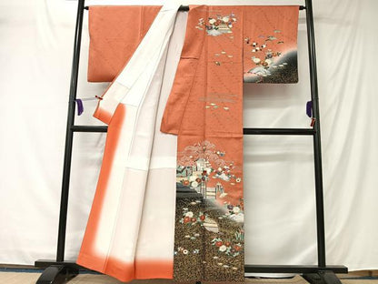 平和屋着物■訪問着　刺繍　風景草花文　暈し染め　金彩　正絹　逸品　CABK0176ua