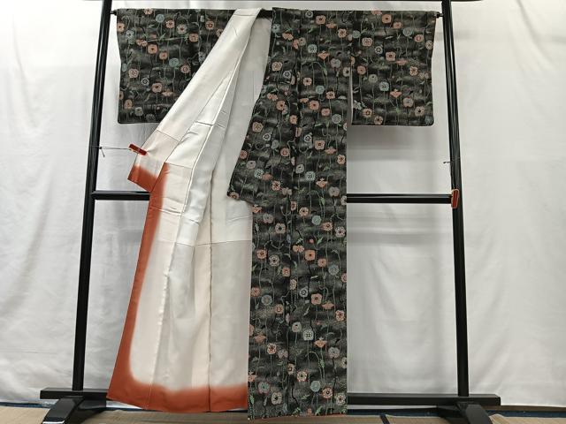 平和屋着物■上質な小紋　草花文　黒地　正絹　逸品　CABK0199ua