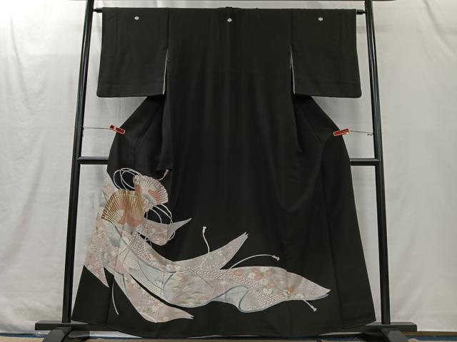 平和屋着物■豪華黒留袖　刺繍　扇面草花文　銀彩　正絹　逸品　CABK0205ua